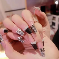 24pcs Black French Press on Nails White Bow Pearl Design Fake Nail